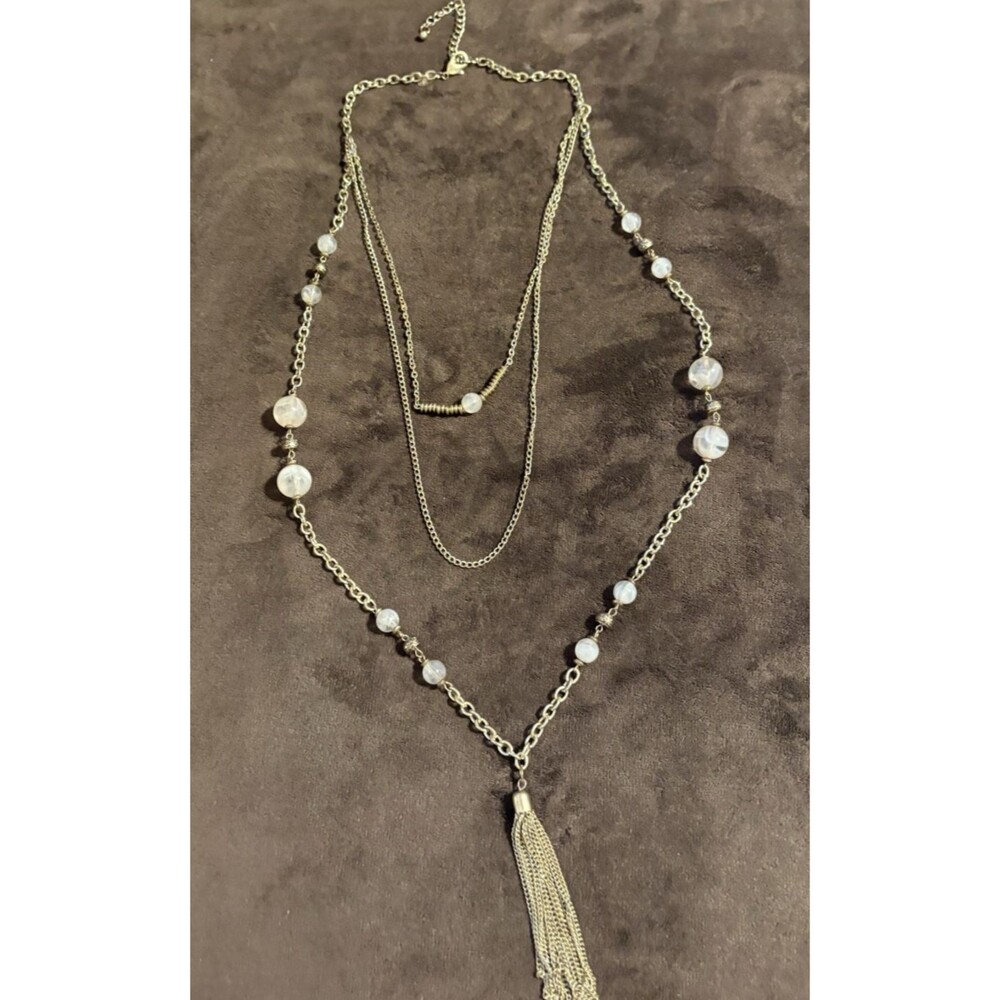 Gold-Tone Layered Chain Necklace With Clear and gold beads and tassel